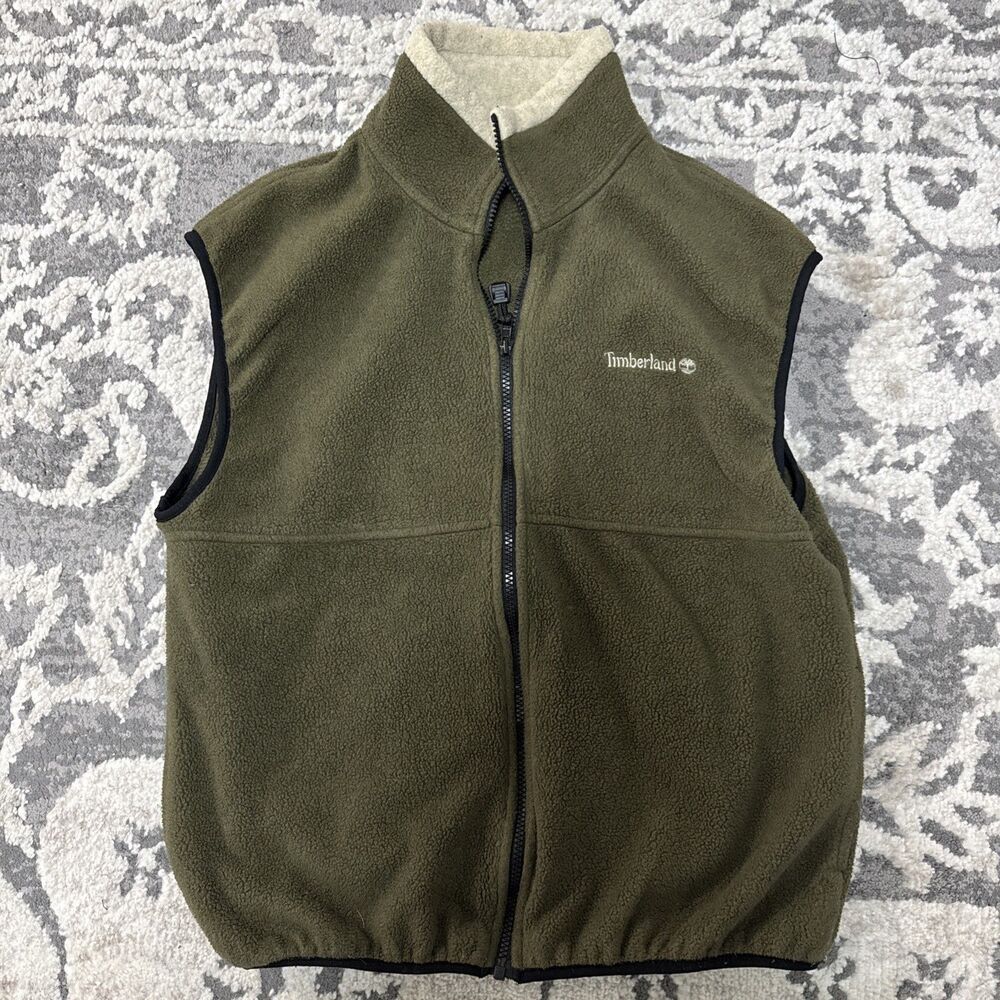 Timberland Mens size M  Weathergear Fleece Vest Green Trim Front Zip preown